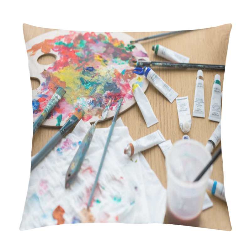 Personality  Palette, Brushes And Paint Tubes On Table Pillow Covers