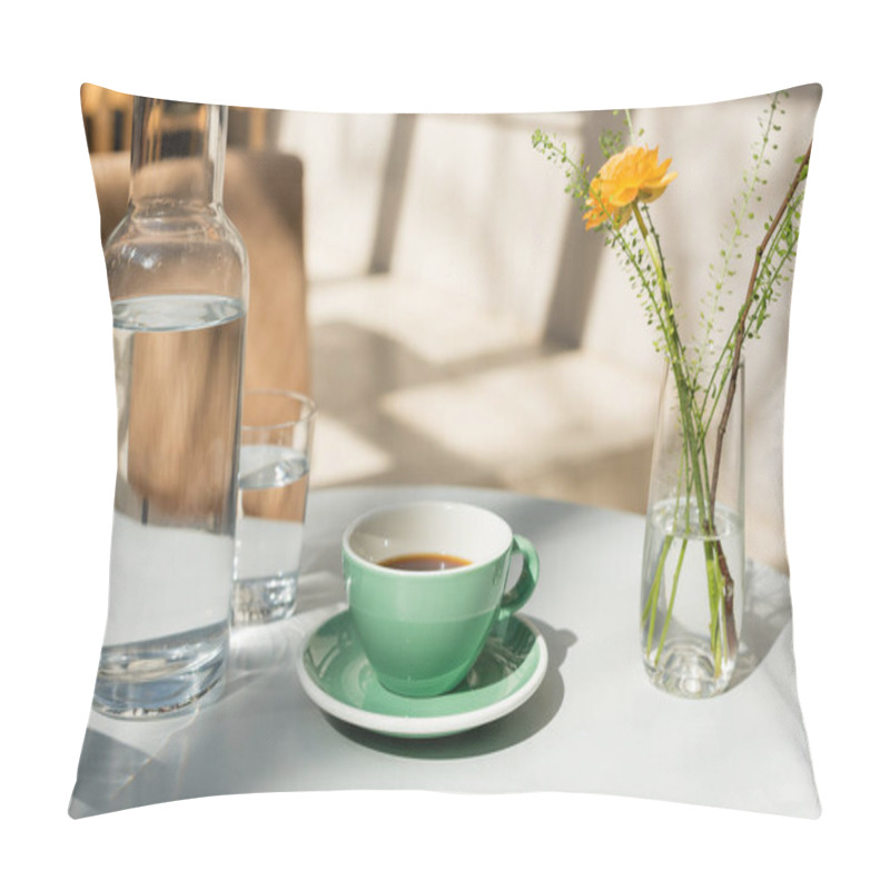 Personality  Vase With Yellow Rose And Green Plants, Glass And Decanter With Fresh Pure Water, Saucer, Cup With Black Coffee On White Round Table In Morning Sunlight, Outdoor Terrace Of Hotel Cafe Pillow Covers