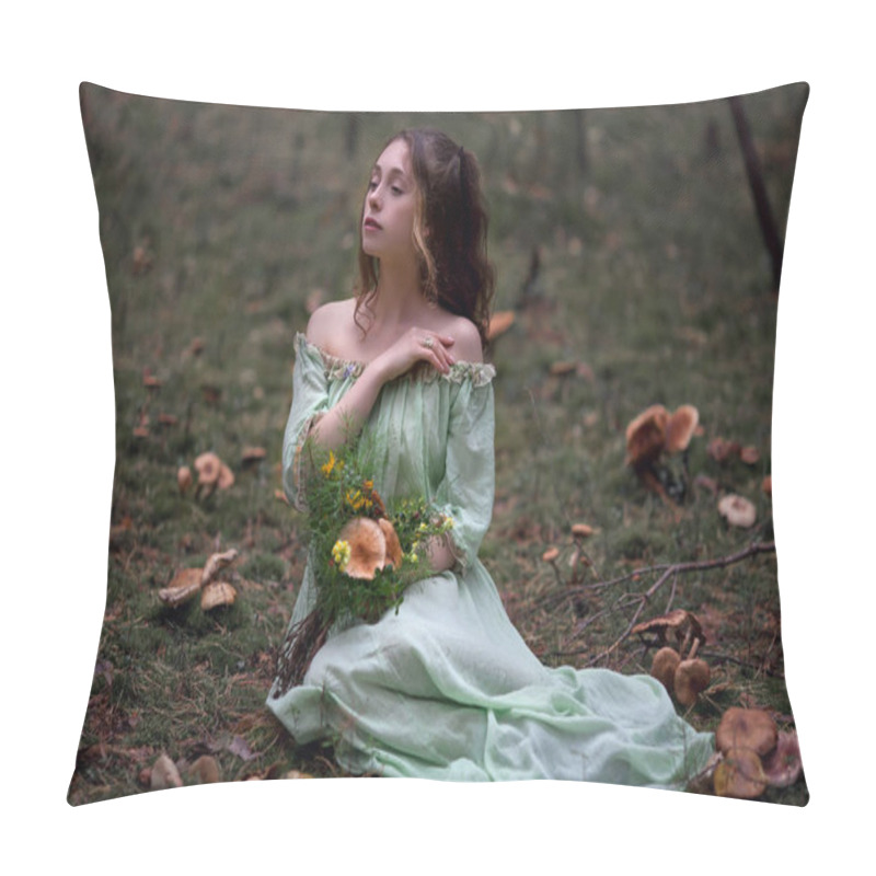 Personality  Fairy Tale About A Fairy In A Magical Forest, A Beautiful Girl In A Green Dress Walks In The Forest With A Bouquet, Mushrooms In A Bouquet Pillow Covers