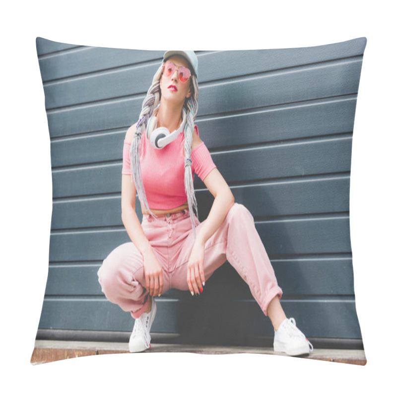 Personality  Beautiful Stylish Girl With Dreadlocks And Headphones Posing Near Wall Pillow Covers