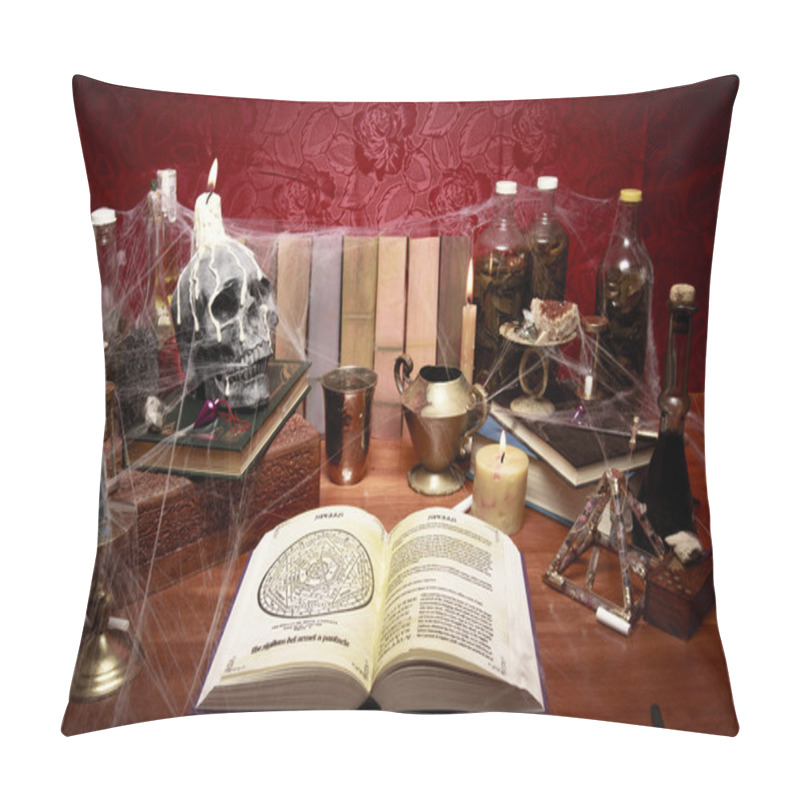 Personality  Table Full Of Witchcraft Related Objects And Cobwebs Pillow Covers