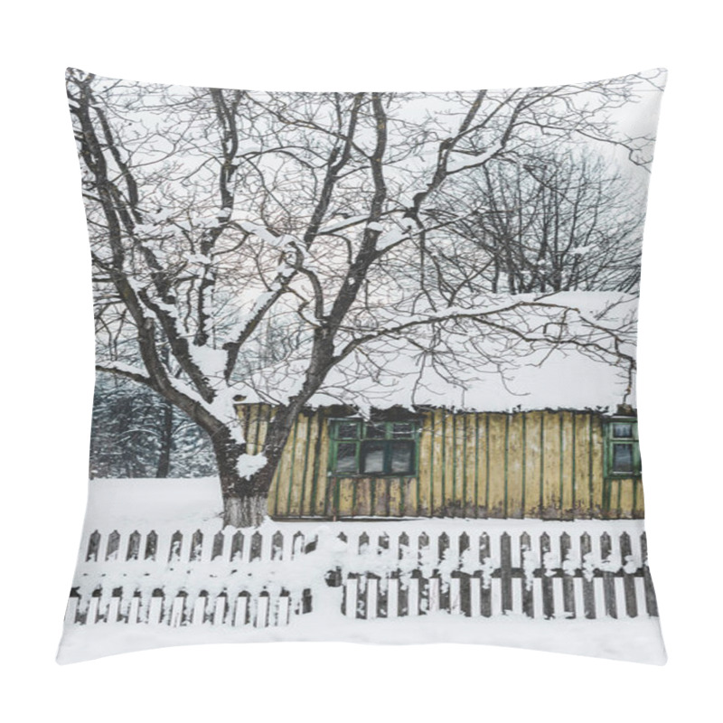 Personality  Old Weathered House With Fence Among Trees In Winter Pillow Covers