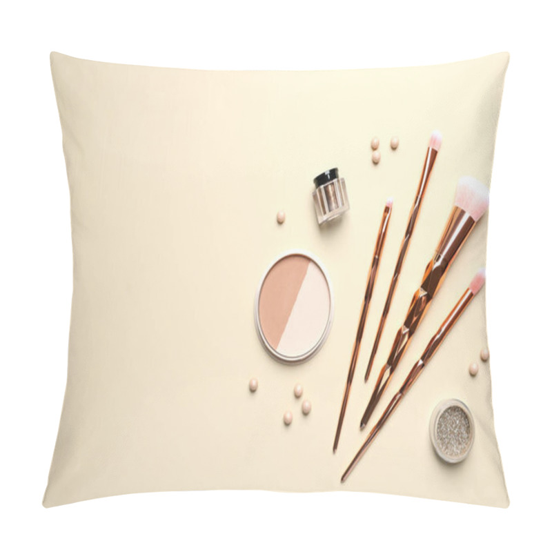 Personality  Flat Lay Composition With Makeup Brushes On Beige Background. Space For Text Pillow Covers