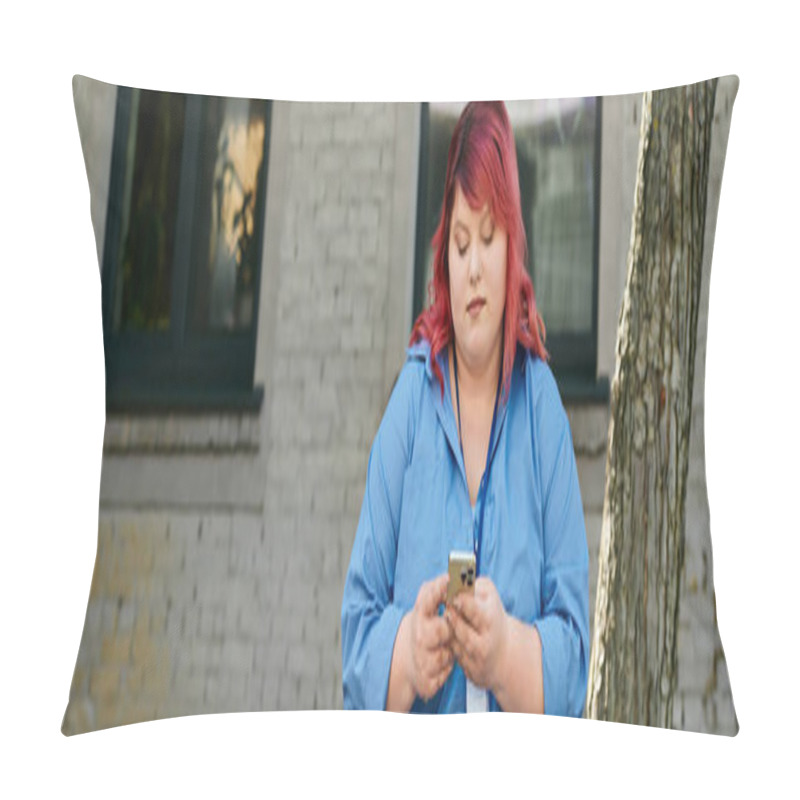 Personality  A Plus Size Woman Checks Her Phone While Walking Down The Street. Pillow Covers