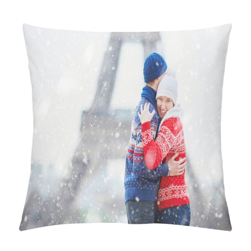 Personality  Happy Couple Near The Eiffel Tower On A Winter Day Under The Falling Snow. Trip To Paris During Season Holidays Pillow Covers