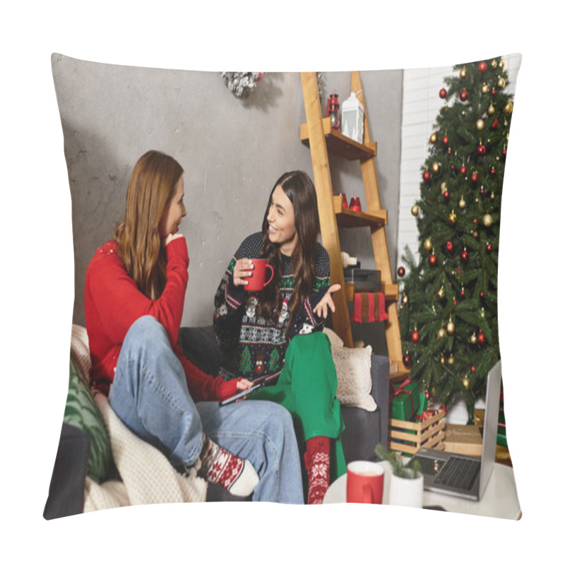 Personality  Two Friends In Warm Sweaters Toast With Mugs While Enjoying A Joyful Christmas Celebration At Home. Pillow Covers