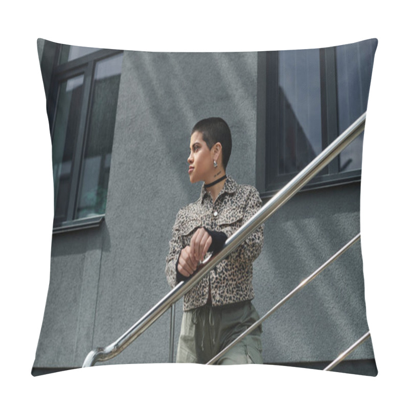 Personality  A Woman In Stylish Attire Walks Down Stairs Next To A Modern Building In An Urban Setting. Pillow Covers