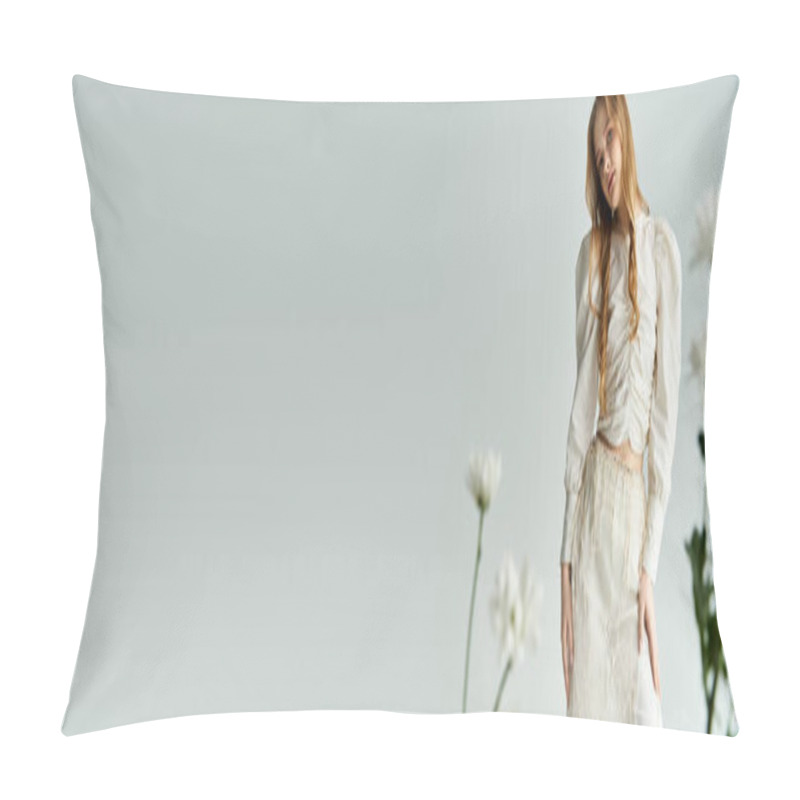 Personality  A Beautiful Young Woman Poses Gracefully Among Blooming Flowers. Pillow Covers