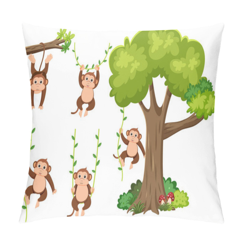 Personality  A Playful And Vibrant Vector Cartoon Illustration Featuring Monkeys, Vines, Branches, And Trees Pillow Covers