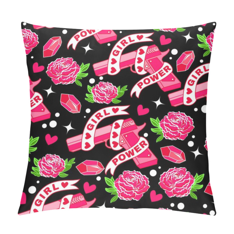 Personality  Girl Power. Seamless Pattern For Feminist With Pink Gun, Ribbon, Roses, Hearts And Brilliants. Fashion Background With Hand Drawn Design Elements.  Pillow Covers