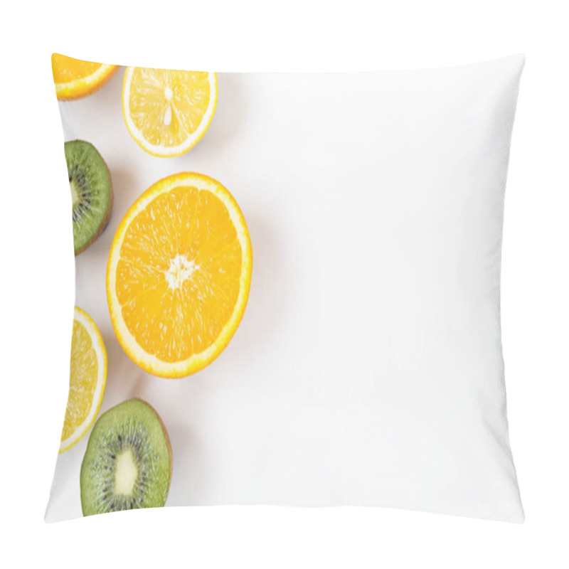 Personality  Colorful Fresh Fruits On White Background. Orange, Mandarin, Kiwi, Lemon. Fruit Background. Summer Food Concept. Pillow Covers