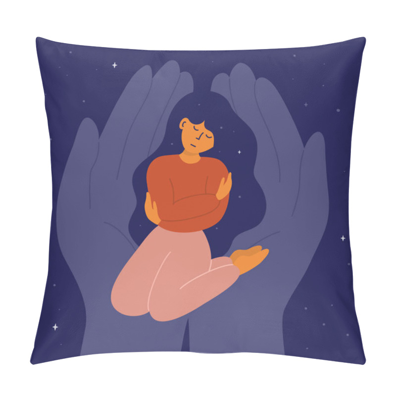 Personality  Self Care, Love, Acceptance Concept. Woman With Closed Eyes Sitting On Knees, Embracing Yourself. Mental Health Issue, Feeling Of Frustrated, Anxiety. Universe Inside. Helping Hand Vector Illustration Pillow Covers