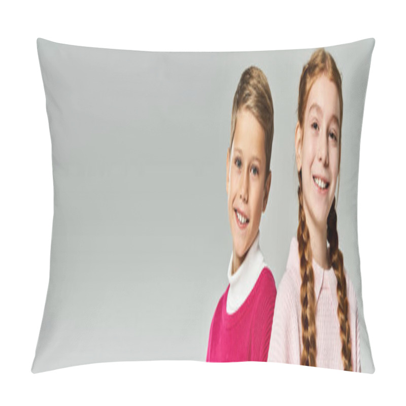 Personality  Two Joyful Kids Wearing Warm Clothes Express Happiness During A Chilly Season. Pillow Covers