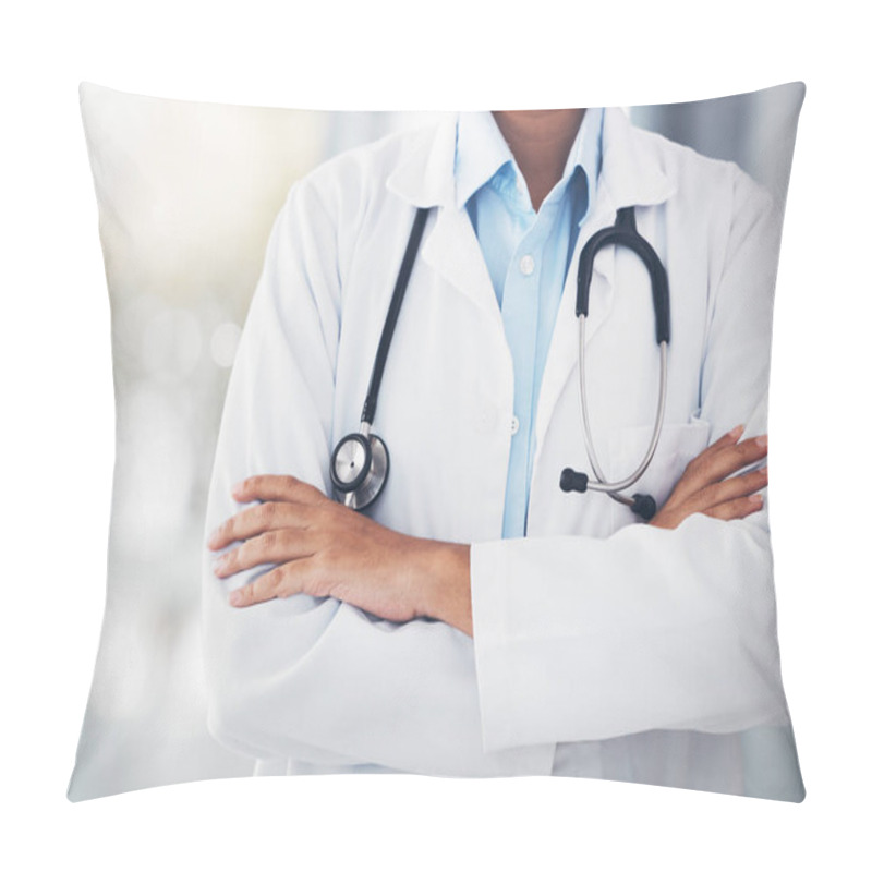 Personality  Person, Hands And Professional Doctor With Arms Crossed Or Stethoscope For Cardiology Or Healthcare At Hospital. Closeup Of Confident Medical Nurse Or Surgeon Expert For Health Advice Or Emergency. Pillow Covers