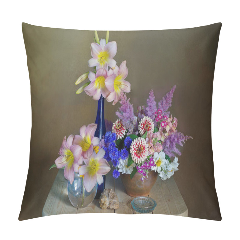 Personality  Still Life With Beautiful Flowers In A Vase On A Table On A Brown Background Pillow Covers