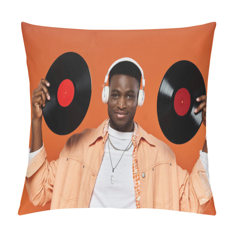 Personality  Handsome Black Man Holding Vinyl Records Against Orange Background. Pillow Covers