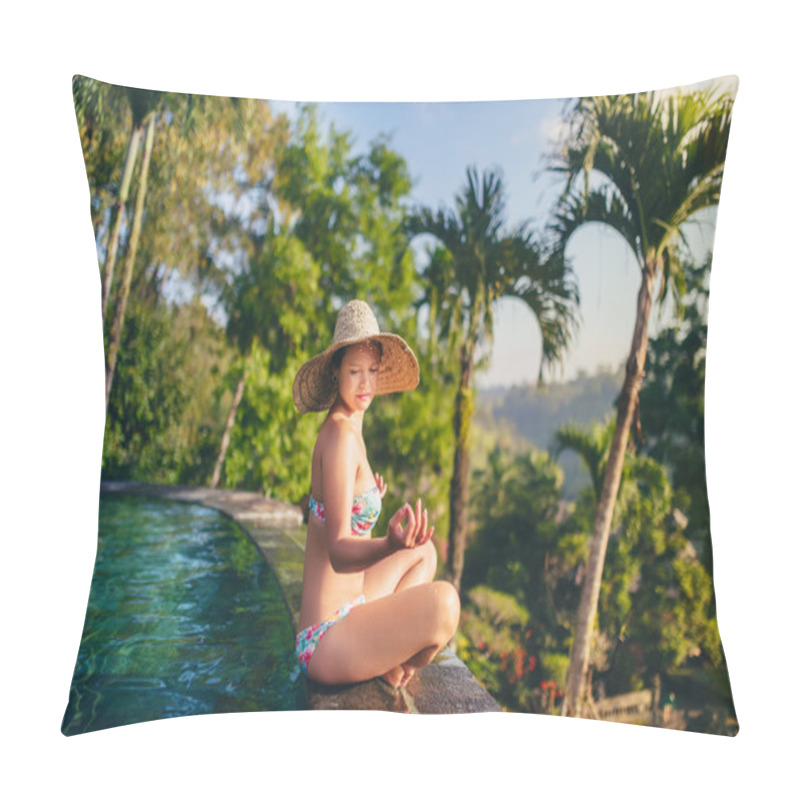 Personality  Portrait Of Beautiful Brunette Spending Time At Infinity Swimming Pool At Sunrise Pillow Covers