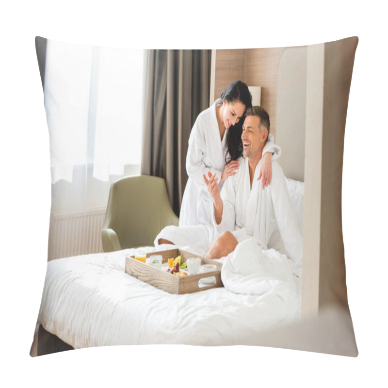 Personality  Smiling Girlfriend In Bathrobe Hugging Handsome Boyfriend In Hotel  Pillow Covers