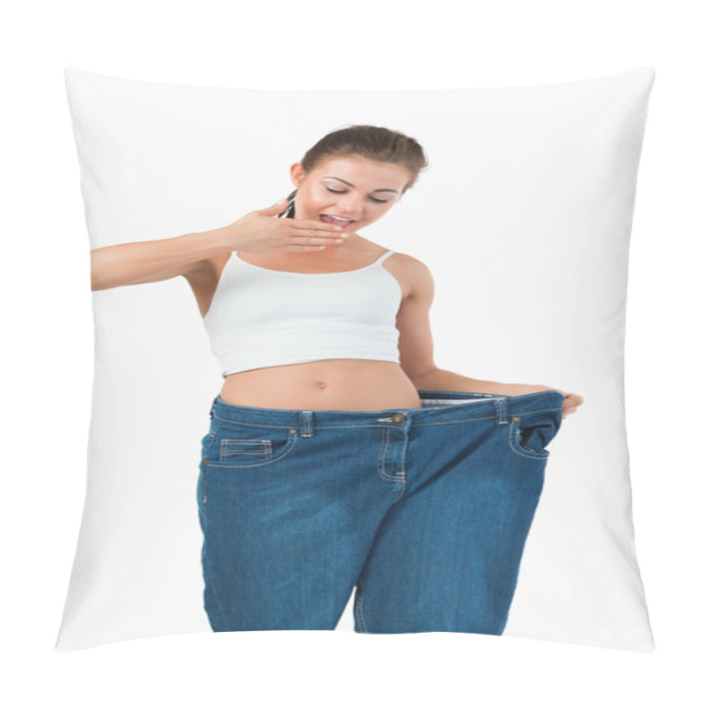 Personality  Portrait Of A Suprised Woman Wearing Too Large Jeans Pillow Covers