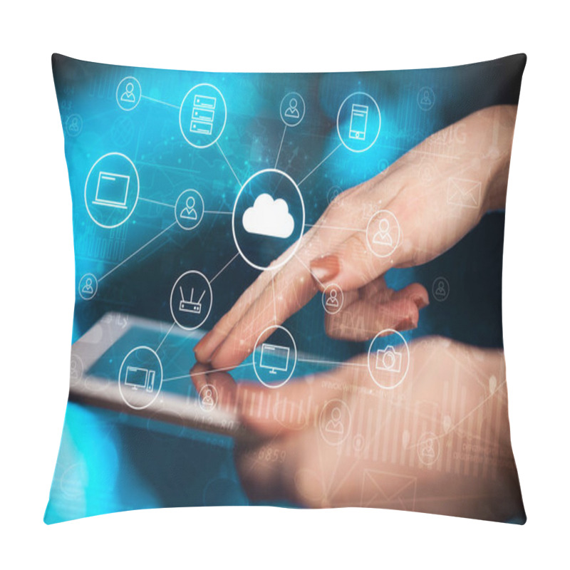 Personality  Hand Working In Tablet Graphs And Charts And Reports Concept Around Pillow Covers