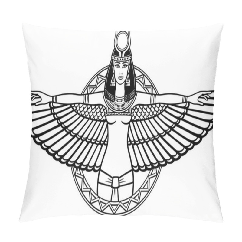 Personality  Animation Portrait Of The Ancient Egyptian Winged Goddess. The Linear Drawing Isolated On A White Background. Vector Illustration, Be Used For Coloring Book. Pillow Covers