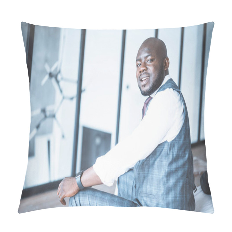 Personality  Cute Guy In Formal Attire Looking Back Over His Shoulder And Enjoying His Office. Close-up Pillow Covers