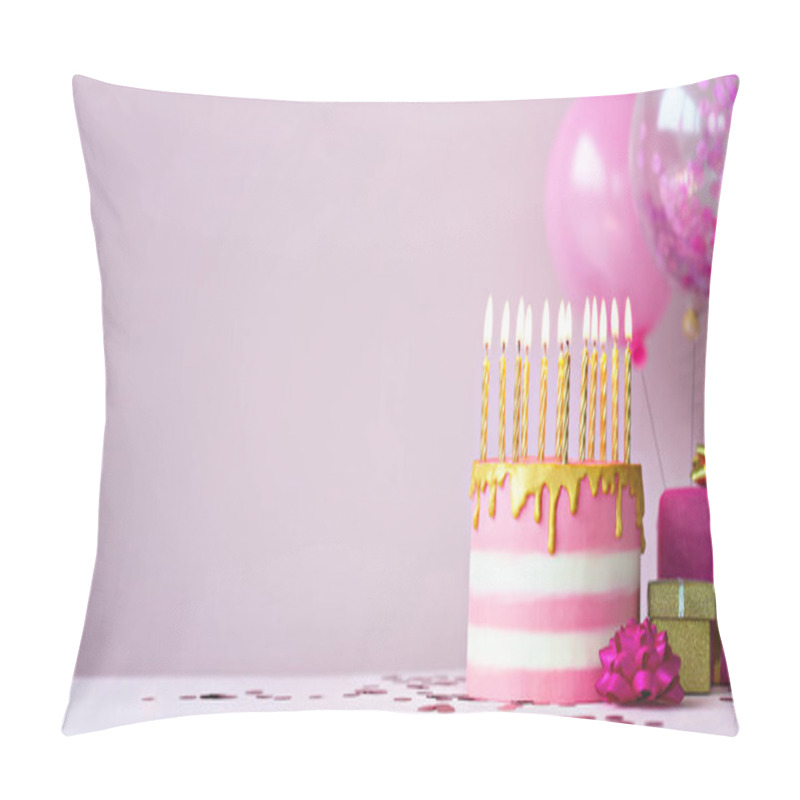 Personality  Pink Birthday Cake With Golden Candles And Balloons Pillow Covers