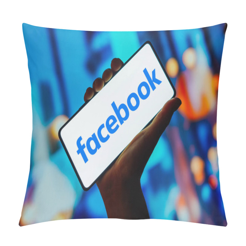 Personality  October 23, 2023, Brazil. In This Photo Illustration, The Facebook Logo Is Displayed On A Smartphone Screen Pillow Covers