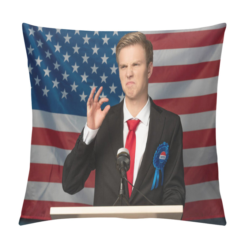 Personality  Displeased Emotional Man On Tribune On American Flag Background Pillow Covers