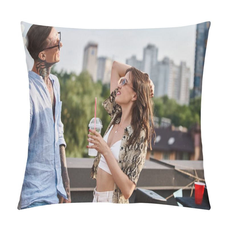 Personality  Young Joyous Friends With Stylish Sunglasses Having Good Time At Rooftop Party With Cocktails Pillow Covers