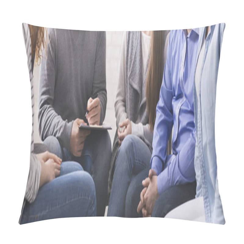 Personality  Counselor With Clipboard Talking To Patients During Group Therapy Pillow Covers