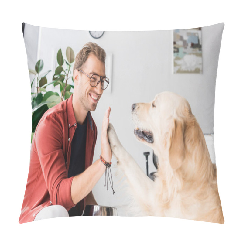 Personality  Golden Retriever Dog Giving Five To Happy Man In Glasses Pillow Covers