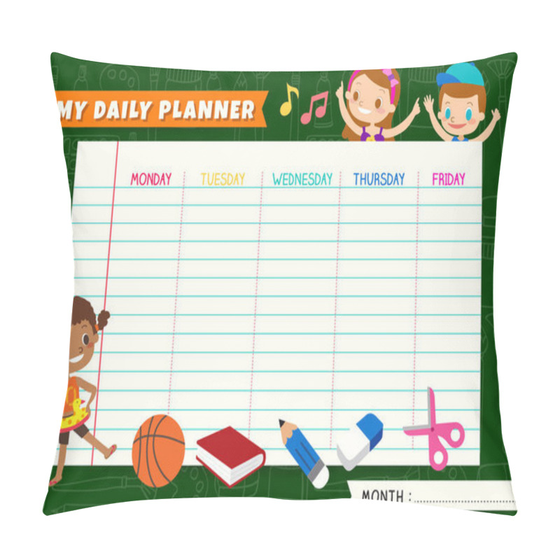 Personality  Daily Planner With Cute Kids Cartoon Characters. A Timetable For Elementary School. Children Weekly Schedule Design Template Vector Illustration.  Pillow Covers