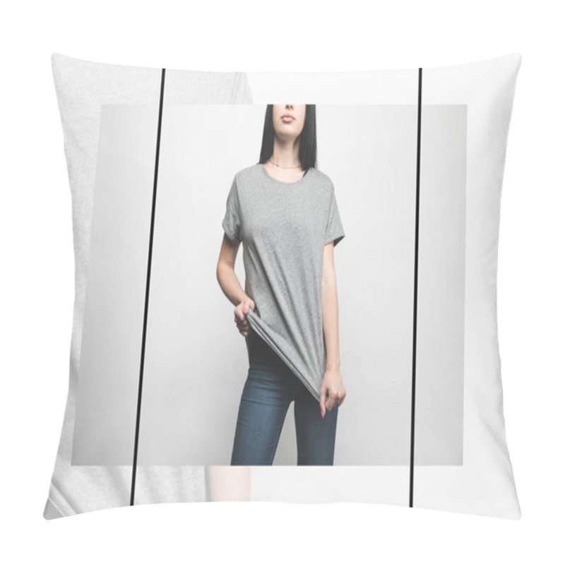 Personality  Stylish Young Woman In Blank Grey T-shirt On White With Creative Frame Pillow Covers