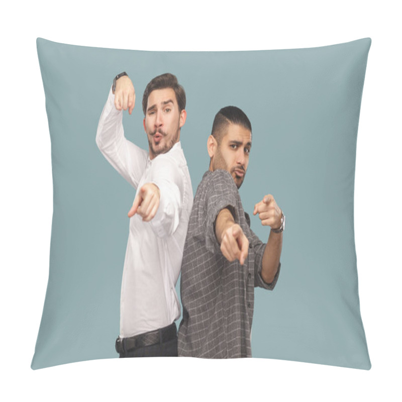 Personality  Two Handsome Bearded Friends Looking And Pointing At Camera With Funny Amazed Faces On Blue Background  Pillow Covers