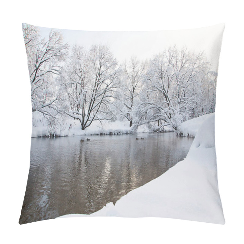 Personality  Trees Under Snow And River On Winter Day Pillow Covers