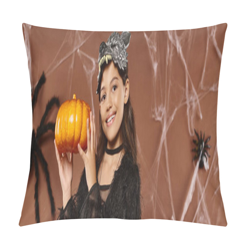 Personality  Preteen Girl Holds Pumpkin In Her Hands Aside Wearing Wolf Mask, Halloween Concept, Banner Pillow Covers