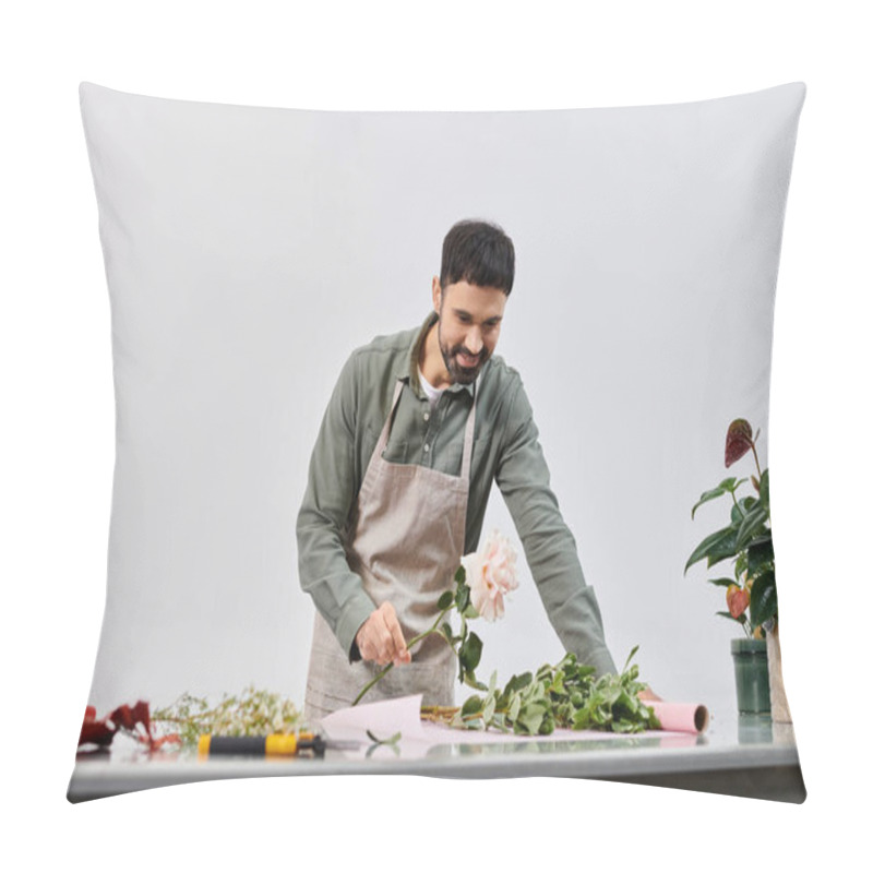 Personality  A Handsome Bearded Man Creates A Beautiful Floral Arrangement In His Shop. Pillow Covers