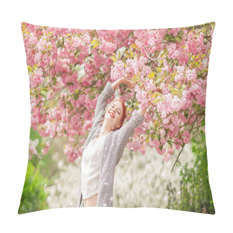 Personality  Beautiful Young Woman With Red Hair Having Fun Standing In Cherry Blossom Tree, Springtime Garden Mood Pillow Covers