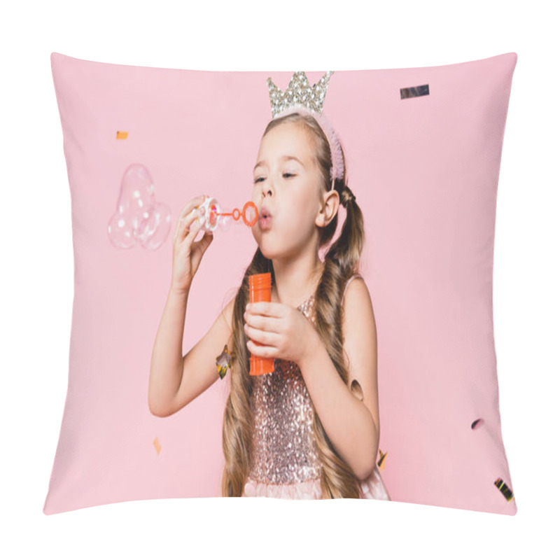 Personality  Little Girl In Crown Blowing Soap Bubbles Near Falling Confetti On Pink  Pillow Covers