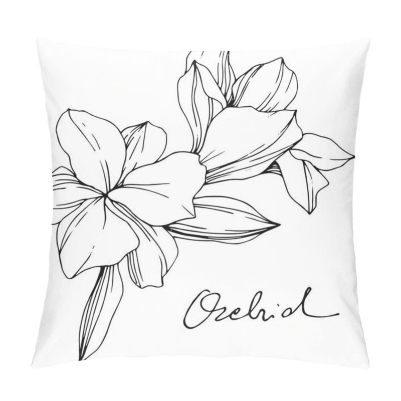 Personality  Beautiful Orchid Flowers. Black And White Engraved Ink Art. Isolated Orchids Illustration Element On White Background. Pillow Covers