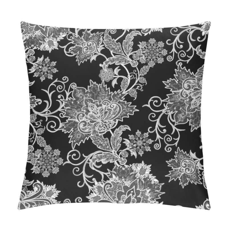 Personality  Seamless Pattern. Brilliant Lace, Stylized Flowers. Openwork Weaving Delicate, Paisley. Monochrome Tracery, Openwork Curls. Pillow Covers