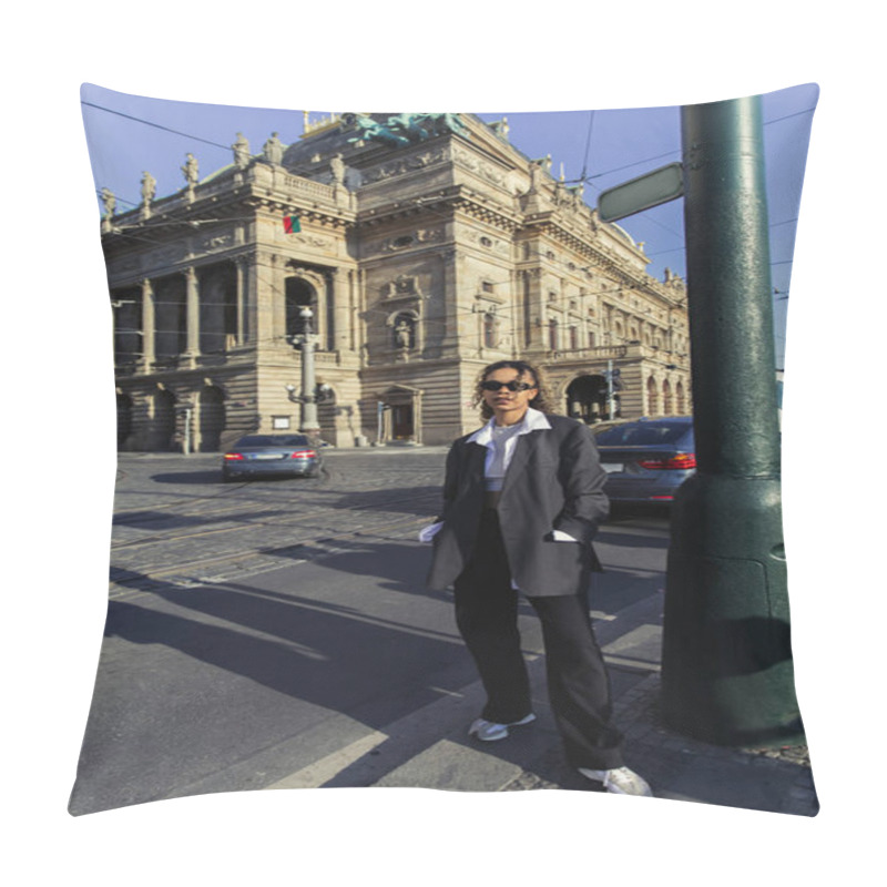 Personality  Stylish African American Woman In Oversized Blazer And Sunglasses Standing With Hands In Pockets Near National Theatre In Prague Pillow Covers