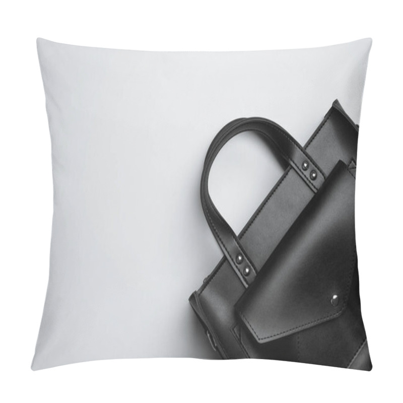 Personality  Stylish Woman's Bag On Light Grey Background, Top View. Space Fo Pillow Covers