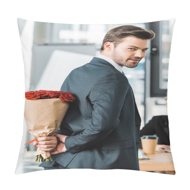 Personality  Smiling Handsome Businessman Hiding Bouquet Of Roses Behind Back To Surprise Businesswoman In Office Pillow Covers