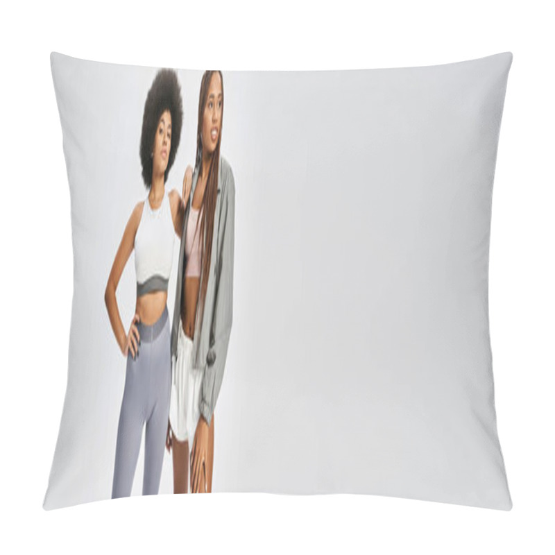 Personality  Young And Fit African American Women Posing Together On Grey Background, Juneteenth Banner Pillow Covers