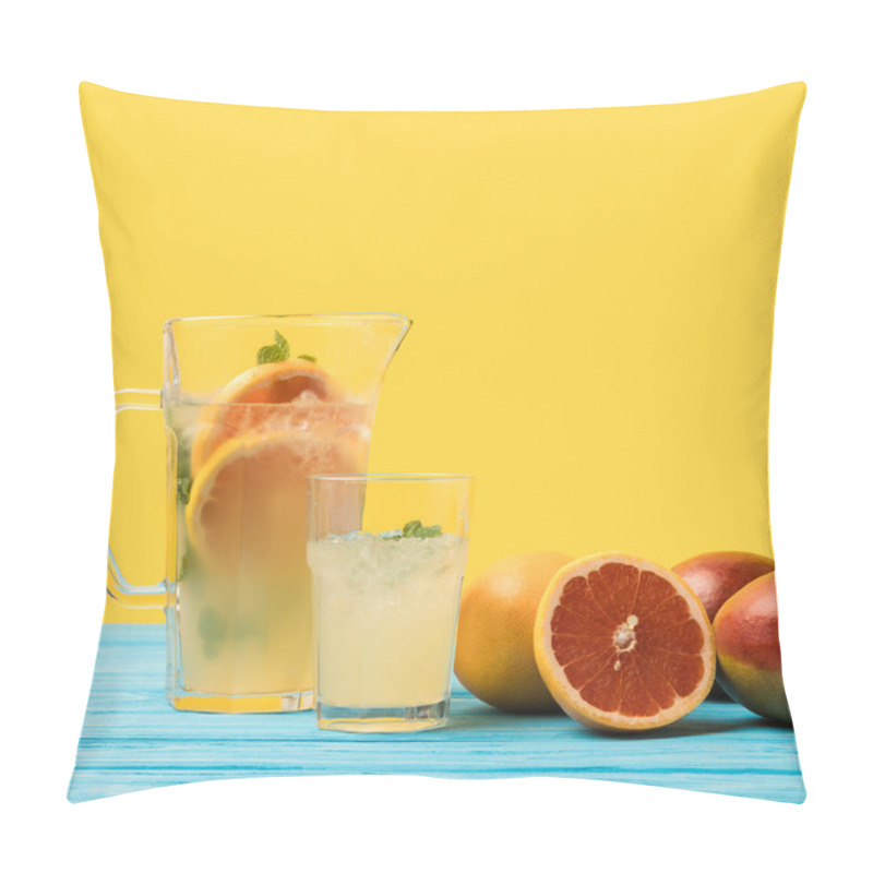 Personality  Close-up View Of Fresh Mangoes With Grapefruits And Cold Summer Drink In Glass And Jug On Yellow Pillow Covers