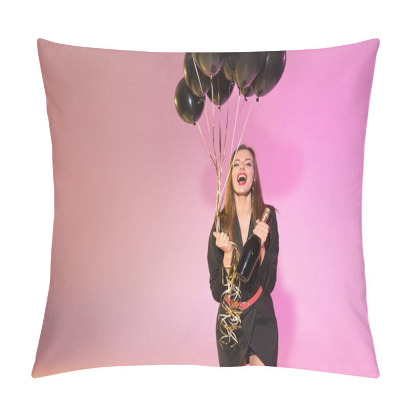 Personality  Excited Woman With Balloons And Champagne Pillow Covers