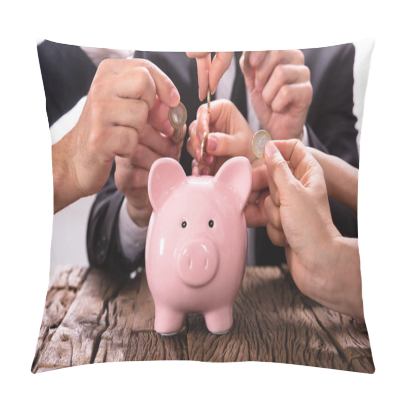 Personality  Crowdfunding Concept. People Inserting Coins Into Piggybank Pillow Covers