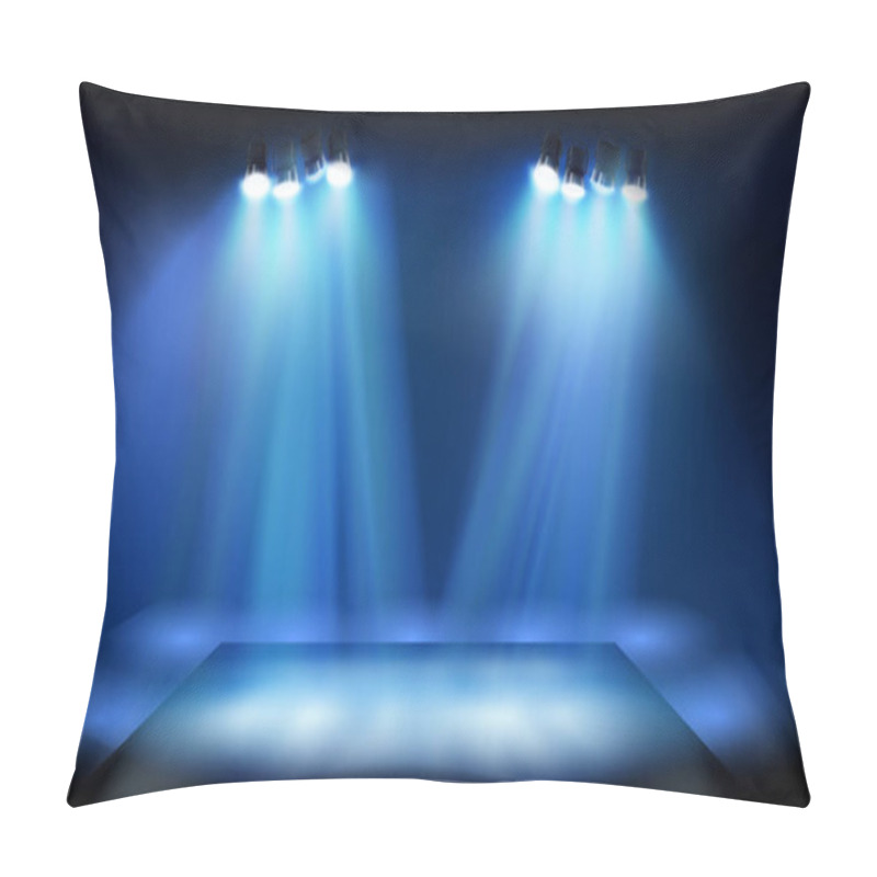 Personality  Stage Podium Illuminated By Theatrical Spotlight During The Show. Blue Background. Place For The Exhibition. Vector Illustration. Pillow Covers